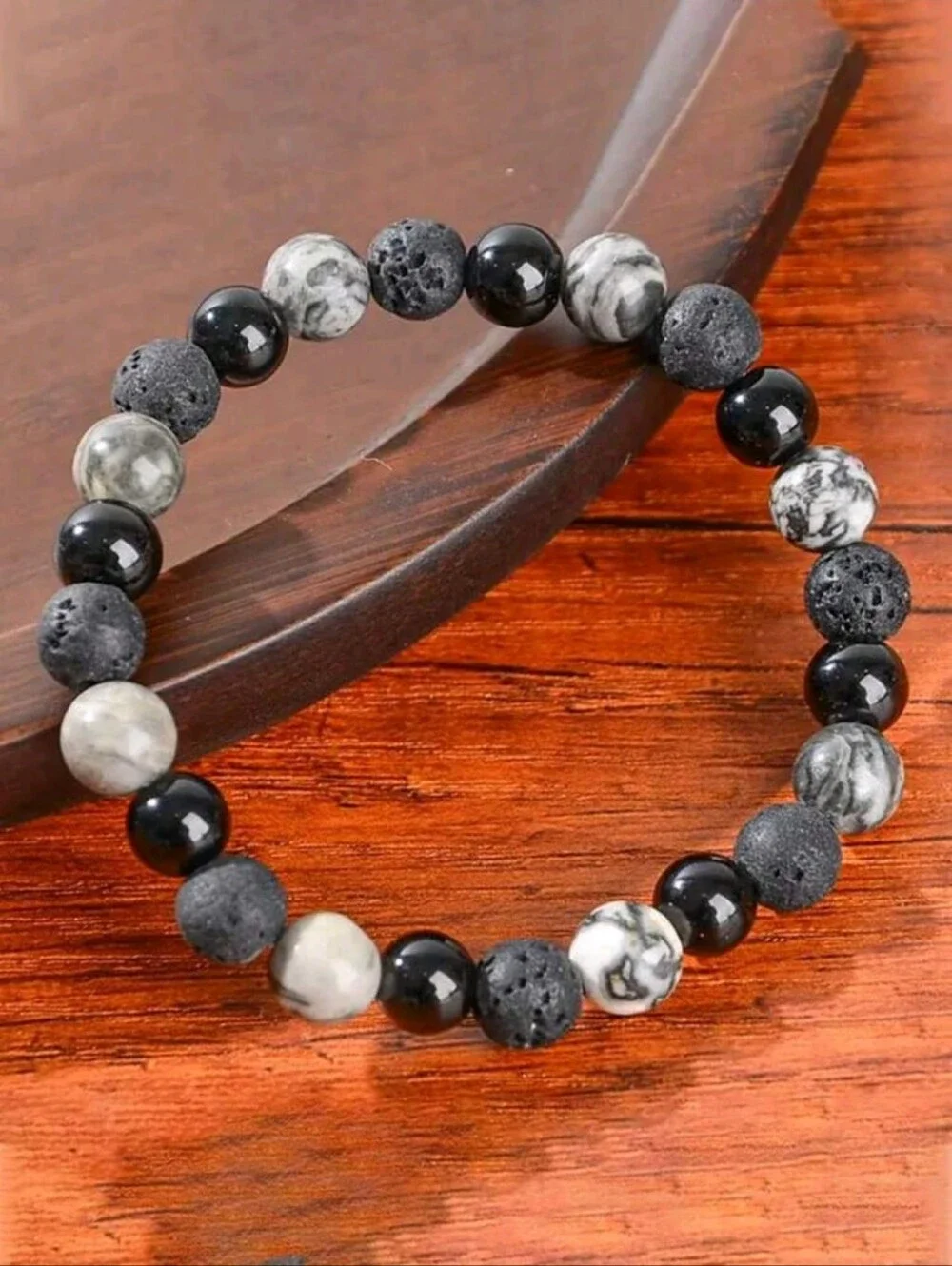 FP Healing Lava Beads Vintage Style Men's Natural Map Stone Beaded Bracelet,